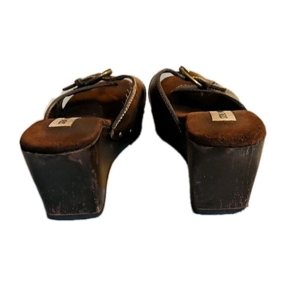 Steve Madden Drill Wood Wedge Leather Open Slip-On Sandals Platform Buckle 7B - Picture 7 of 12